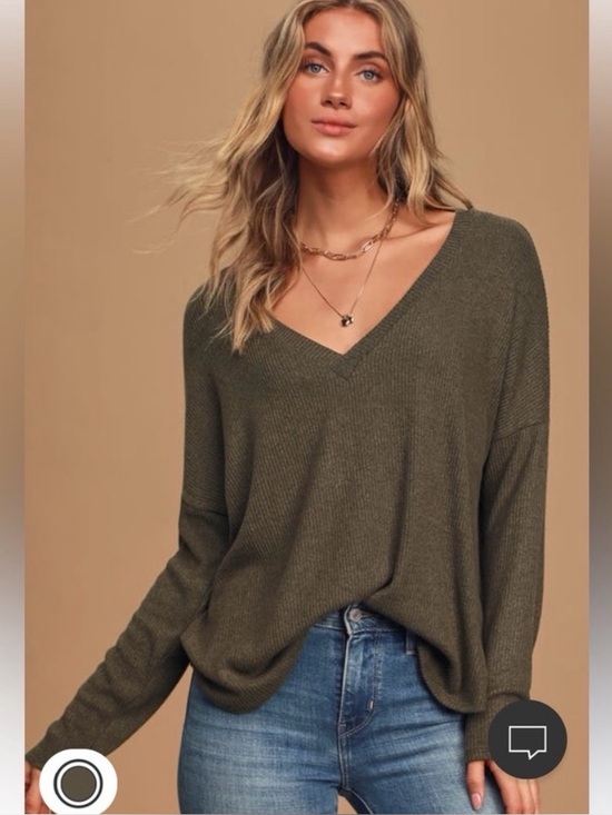 Lulus Tops - Lulu’s Just Vibing Olive Green Ribbed V-Neck Sweater Top